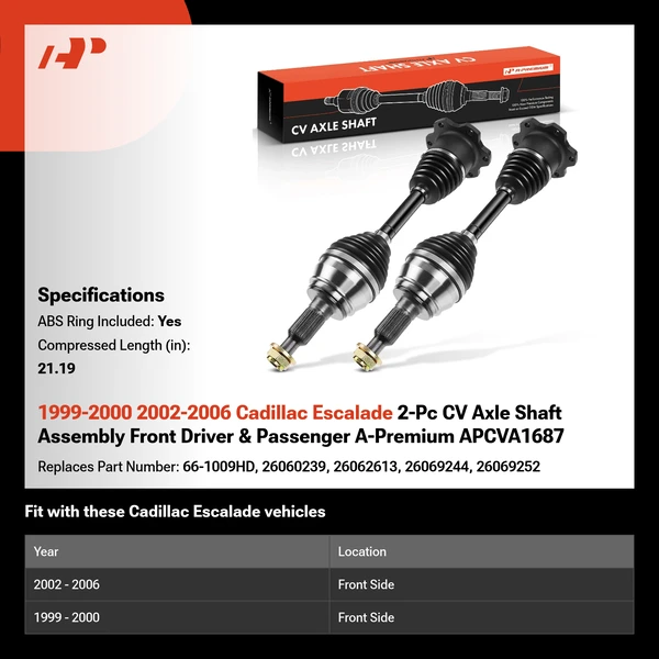 1999-2000 2002-2006 Cadillac Escalade 2-Pc CV Axle Shaft Assembly Front Driver & Passenger A-Premium APCVA1687