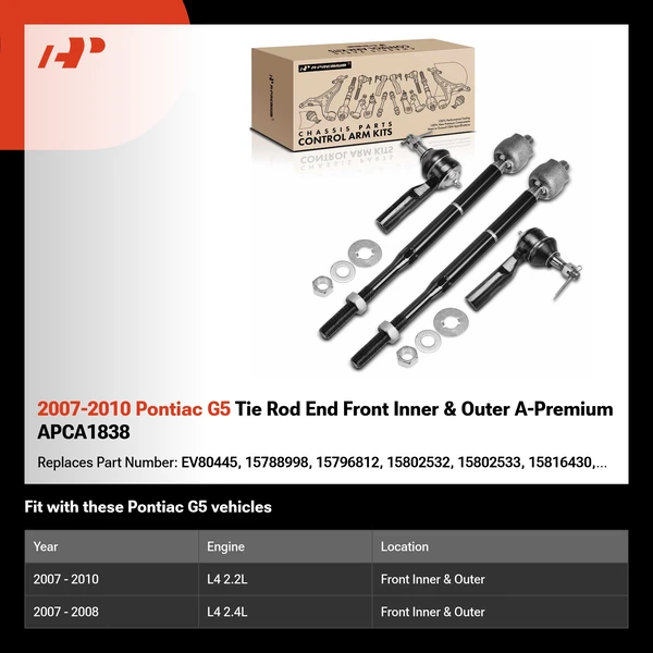 2007-2010 Pontiac G5 Tie Rod End Front Inner & Outer A-Premium APCA1838
