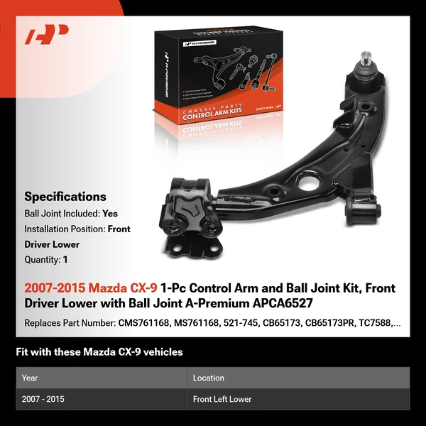 2007-2015 Mazda CX-9 1-Pc Control Arm and Ball Joint Kit, Front Driver Lower with Ball Joint A-Premium APCA6527