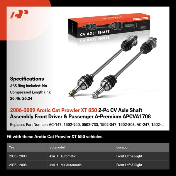 2006-2009 Arctic Cat Prowler XT 650 2-Pc CV Axle Shaft Assembly Front Driver & Passenger A-Premium APCVA1708