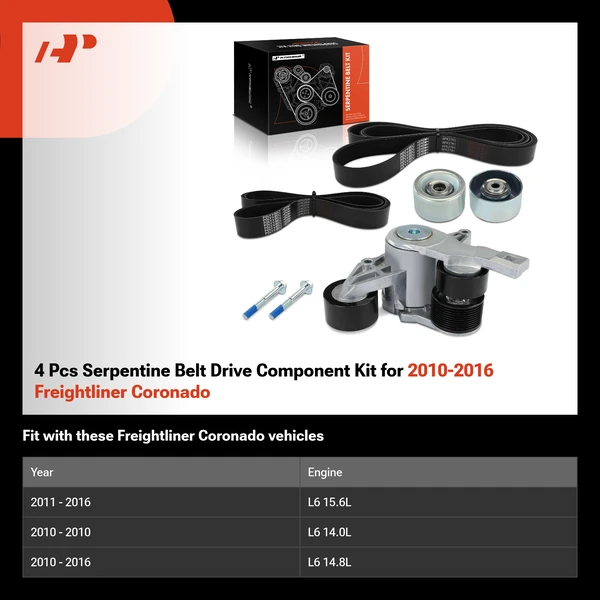 4 Pcs Serpentine Belt Drive Component Kit for 2010-2016 Freightliner Coronado