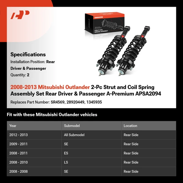 2008-2013 Mitsubishi Outlander 2-Pc Strut and Coil Spring Assembly Set Rear Driver & Passenger A-Premium APSA2094
