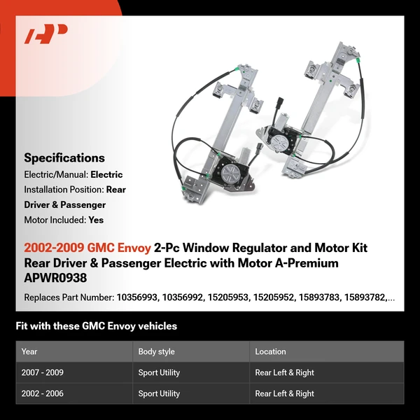 2002-2009 GMC Envoy 2-Pc Window Regulator and Motor Kit Rear Driver & Passenger Electric with Motor A-Premium APWR0938