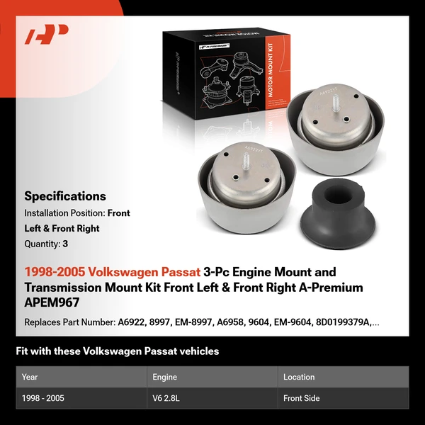 1998-2005 Volkswagen Passat 3-Pc Engine Mount and Transmission Mount Kit Front Left & Front Right A-Premium APEM967