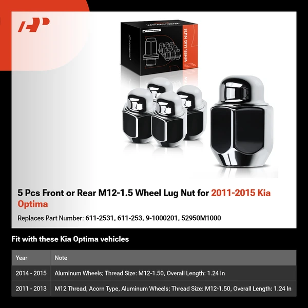 5 Pcs Front or Rear M12-1.5 Wheel Lug Nut for 2011-2015 Kia Optima