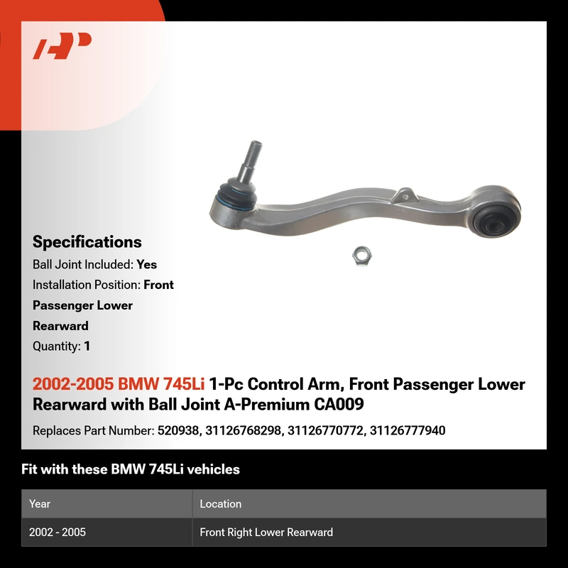 2002-2005 BMW 745Li 1-Pc Control Arm, Front Passenger Lower Rearward with Ball Joint A-Premium CA009