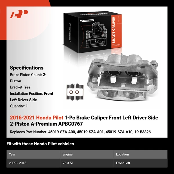 2016-2021 Honda Pilot 1-Pc Brake Caliper Front Left Driver Side 2-Piston A-Premium APBC0767