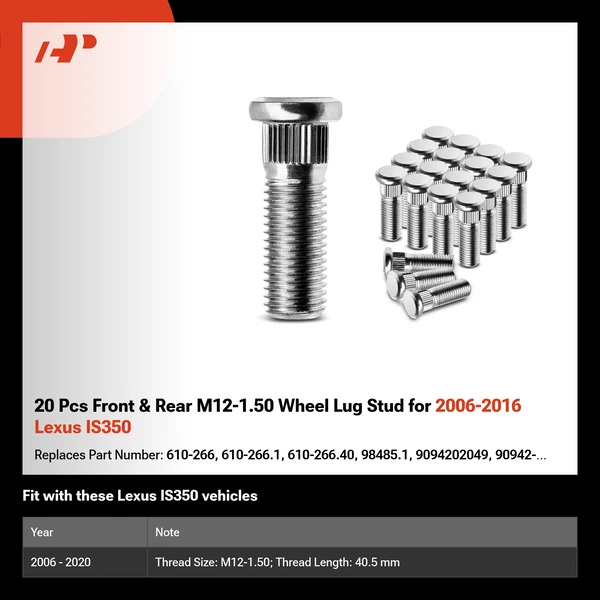 20 Pcs Front & Rear M12-1.50 Wheel Lug Stud for 2006-2016 Lexus IS350