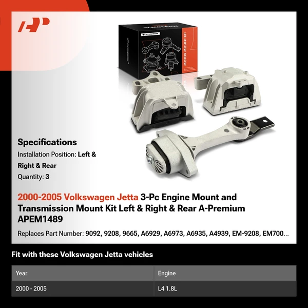2000-2005 Volkswagen Jetta 3-Pc Engine Mount and Transmission Mount Kit Left & Right & Rear A-Premium APEM1489