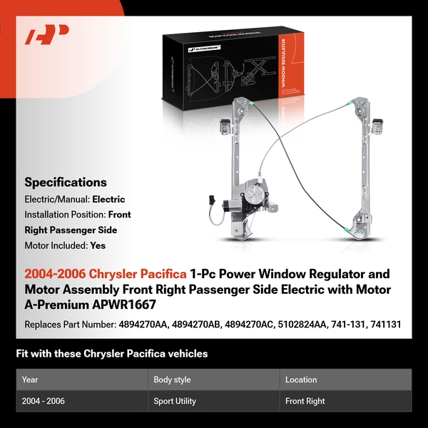 2004-2006 Chrysler Pacifica 1-Pc Power Window Regulator and Motor Assembly Front Right Passenger Side Electric with Motor A-Premium APWR1667