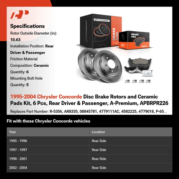 1995-2004 Chrysler Concorde Disc Brake Rotors and Ceramic Pads Kit, 6 Pcs, Rear Driver & Passenger, A-Premium, APBRPR226
