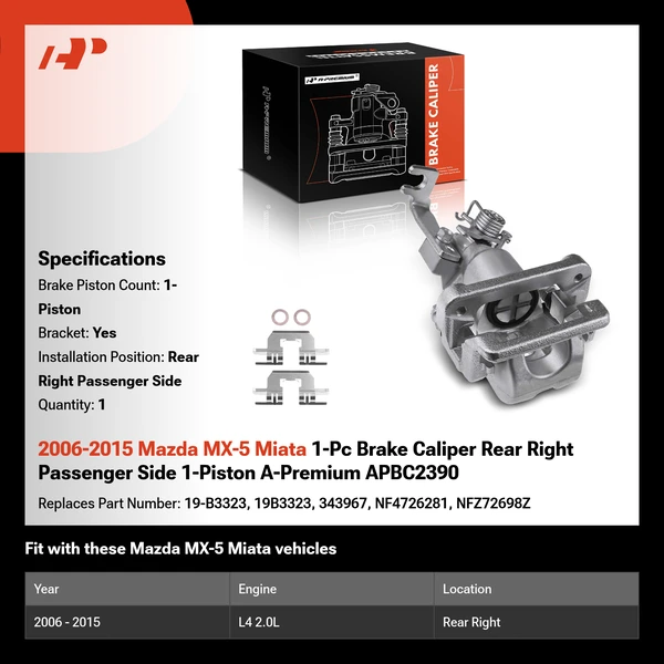 2006-2015 Mazda MX-5 Miata 1-Pc Brake Caliper Rear Right Passenger Side 1-Piston A-Premium APBC2390