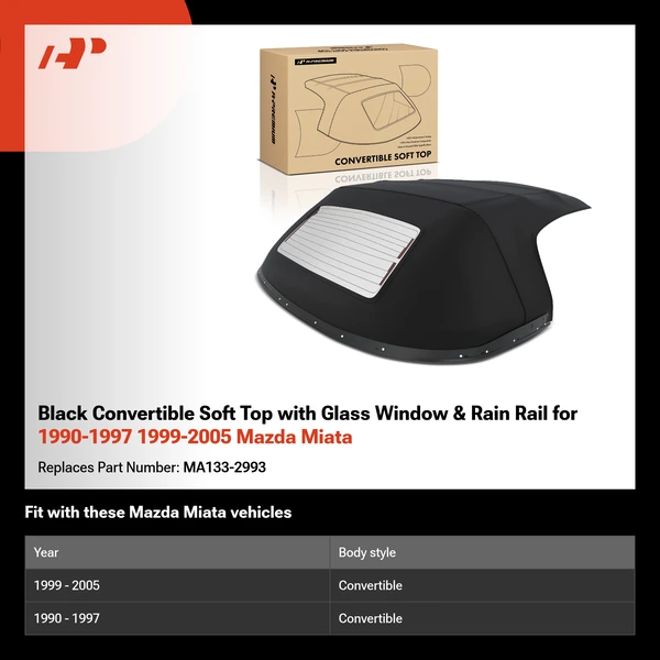 Black Convertible Soft Top with Glass Window & Rain Rail for 1990-1997 1999-2005 Mazda Miata