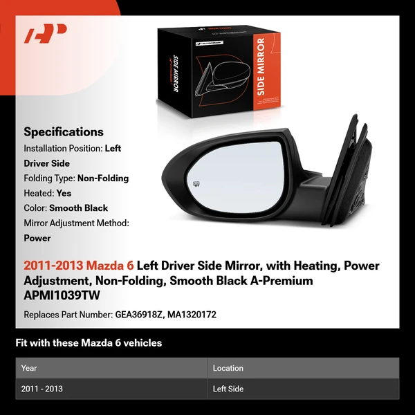 2011-2013 Mazda 6 Left Driver Side Mirror, with Heating, Power Adjustment, Non-Folding, Smooth Black A-Premium APMI1039TW