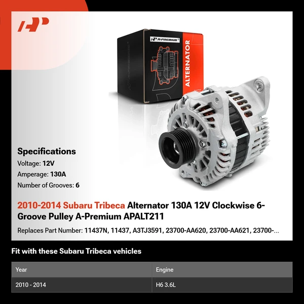 2010-2014 Subaru Tribeca Alternator 130A 12V Clockwise 6-Groove Pulley A-Premium APALT211
