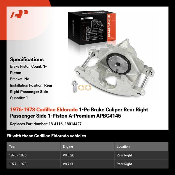 1976-1978 Cadillac Eldorado 1-Pc Brake Caliper Rear Right Passenger Side 1-Piston A-Premium APBC4145