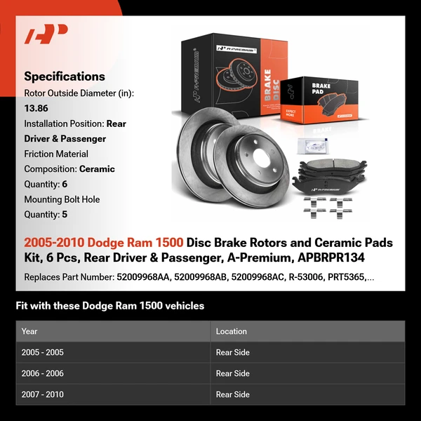 2005-2010 Dodge Ram 1500 Disc Brake Rotors and Ceramic Pads Kit, 6 Pcs, Rear Driver & Passenger, A-Premium, APBRPR134