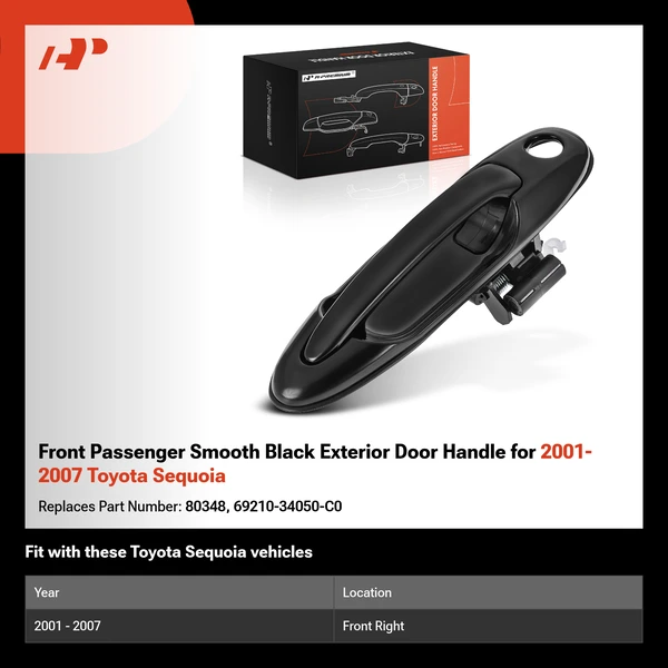 Front Passenger Smooth Black Exterior Door Handle for 2001-2007 Toyota Sequoia