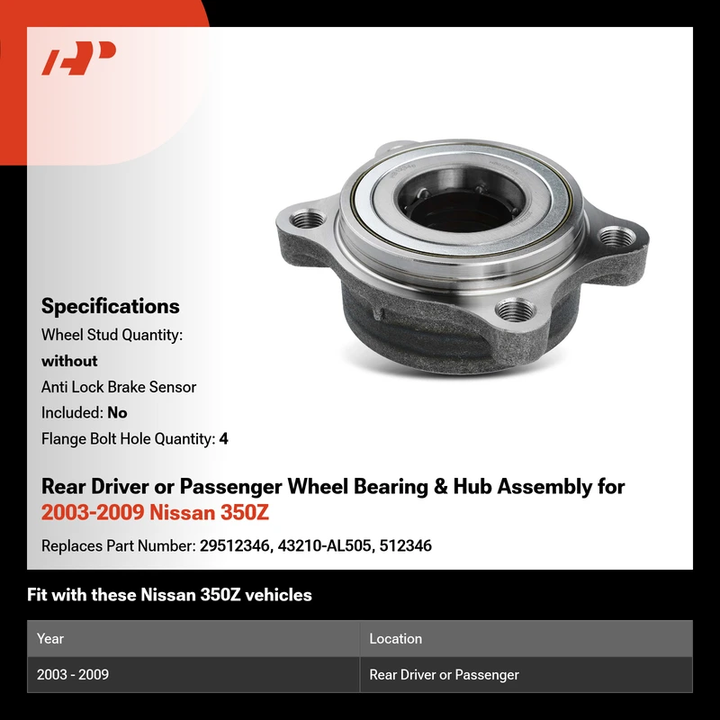 Rear Driver or Passenger Wheel Bearing & Hub Assembly for 2003-2009 Nissan 350Z