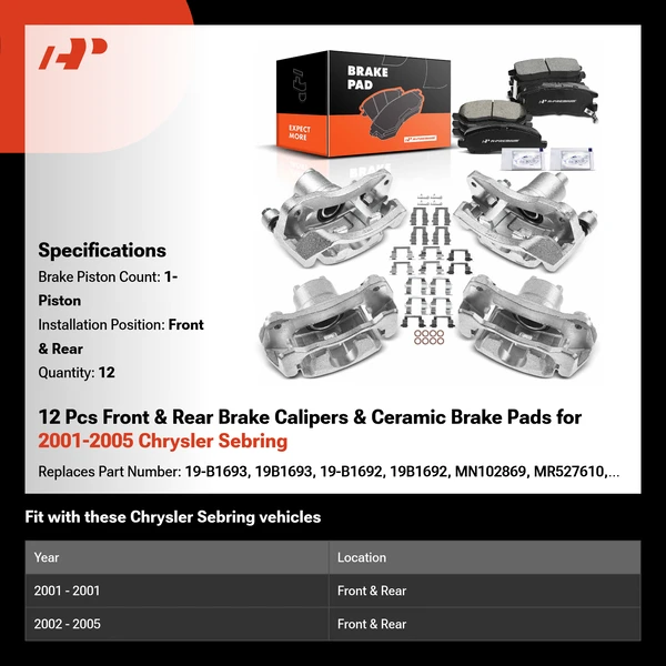 12 Pcs Front & Rear Brake Calipers & Ceramic Brake Pads for 2001-2005 Chrysler Sebring