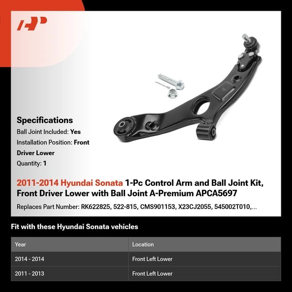 2011-2014 Hyundai Sonata 1-Pc Control Arm and Ball Joint Kit, Front Driver Lower with Ball Joint A-Premium APCA5697