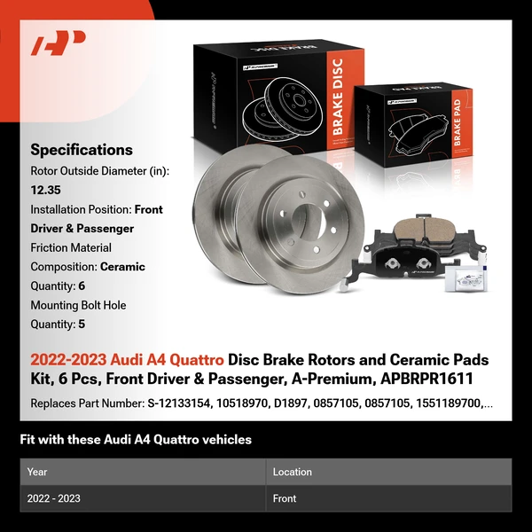 2022-2023 Audi A4 Quattro Disc Brake Rotors and Ceramic Pads Kit, 6 Pcs, Front Driver & Passenger, A-Premium, APBRPR1611