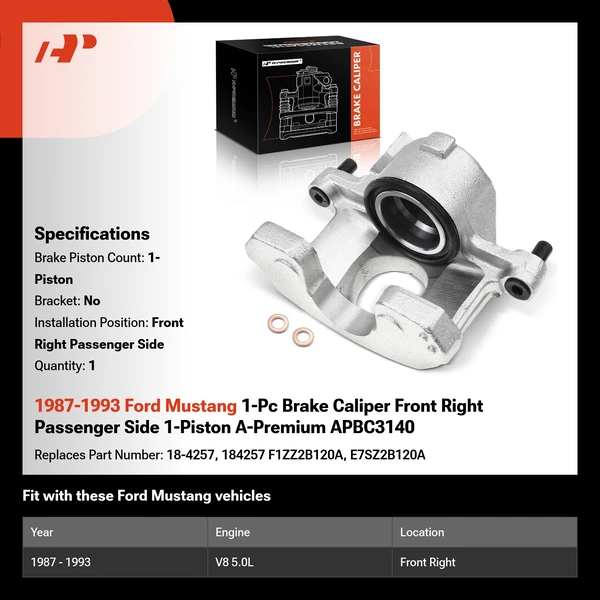1987-1993 Ford Mustang 1-Pc Brake Caliper Front Right Passenger Side 1-Piston A-Premium APBC3140