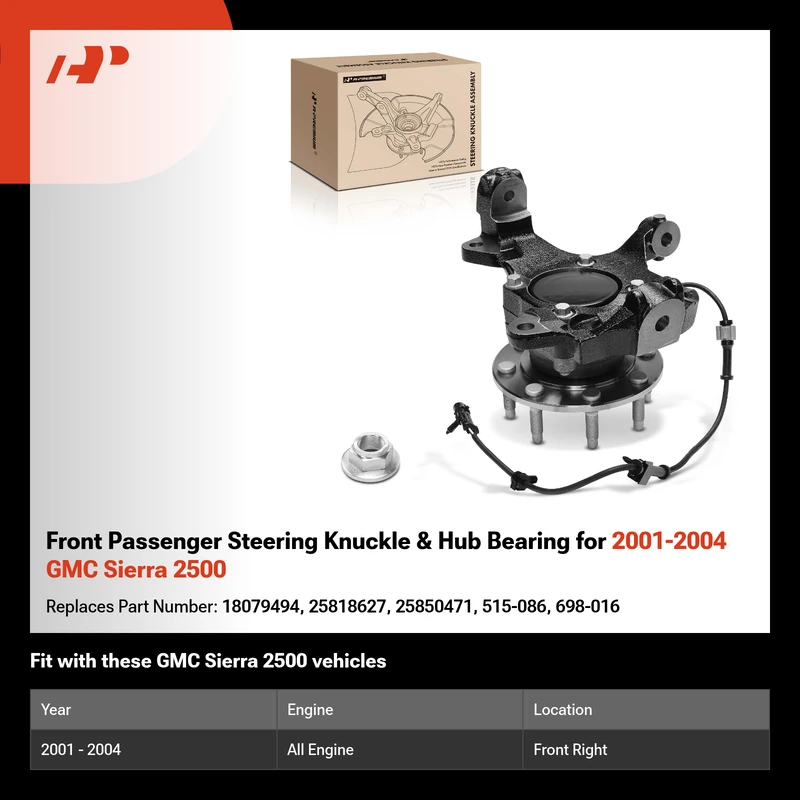 Front Passenger Steering Knuckle & Hub Bearing for 2001-2004 GMC Sierra 2500