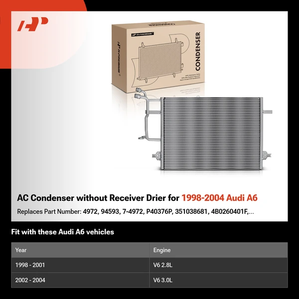 AC Condenser without Receiver Drier for 1998-2004 Audi A6