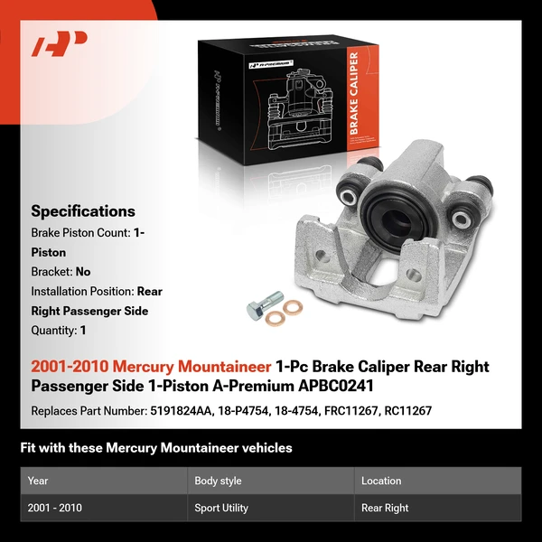 2001-2010 Mercury Mountaineer 1-Pc Brake Caliper Rear Right Passenger Side 1-Piston A-Premium APBC0241