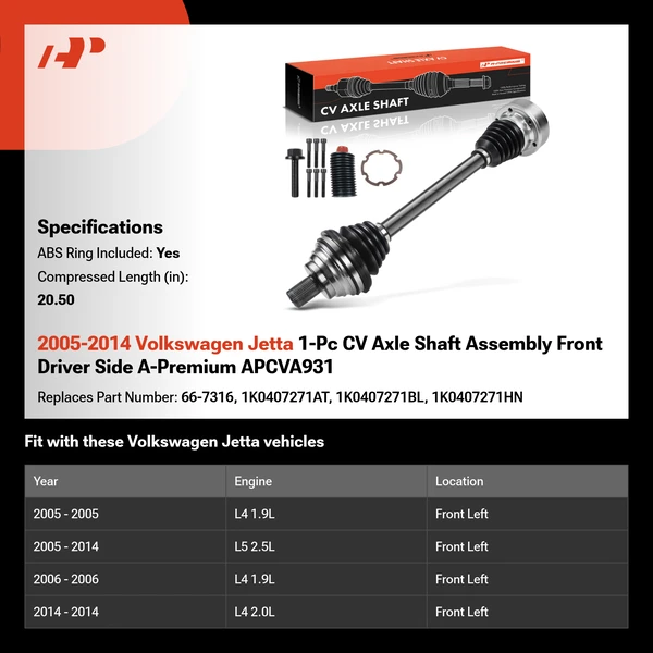 2005-2014 Volkswagen Jetta 1-Pc CV Axle Shaft Assembly Front Driver Side A-Premium APCVA931