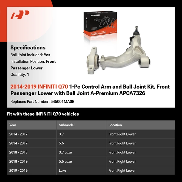 2014-2019 INFINITI Q70 1-Pc Control Arm and Ball Joint Kit, Front Passenger Lower with Ball Joint A-Premium APCA7326
