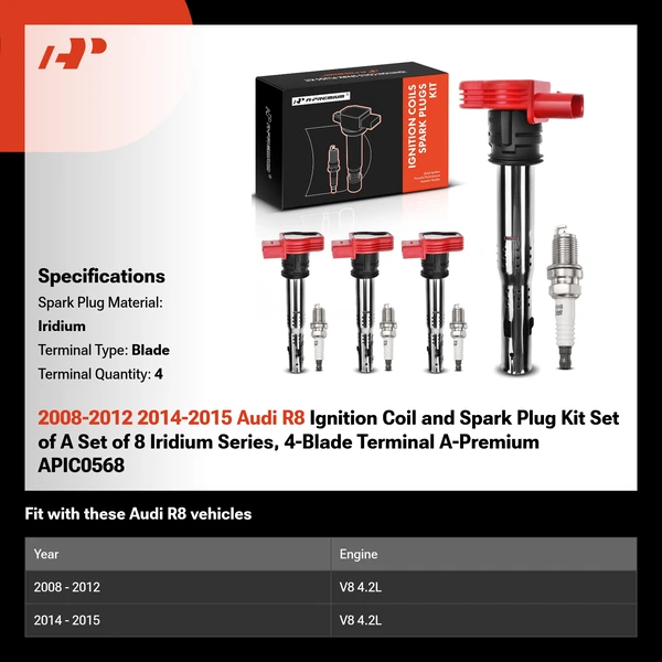 2008-2012 2014-2015 Audi R8 Ignition Coil and Spark Plug Kit Set of A Set of 8 Iridium Series, 4-Blade Terminal A-Premium APIC0568