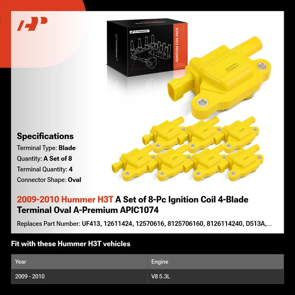 2009-2010 Hummer H3T A Set of 8-Pc Ignition Coil 4-Blade Terminal Oval A-Premium APIC1074