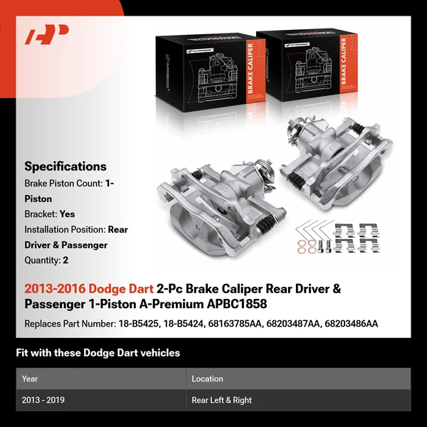 2013-2016 Dodge Dart 2-Pc Brake Caliper Rear Driver & Passenger 1-Piston A-Premium APBC1858