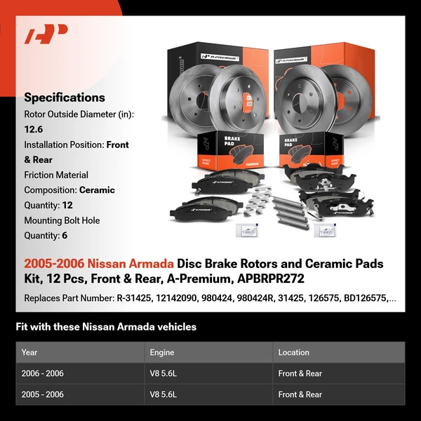 2005-2006 Nissan Armada Disc Brake Rotors and Ceramic Pads Kit, 12 Pcs, Front & Rear, A-Premium, APBRPR272