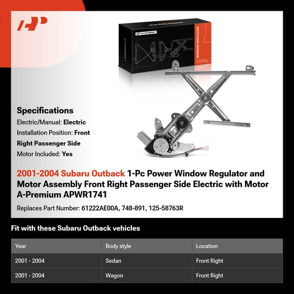 2001-2004 Subaru Outback 1-Pc Power Window Regulator and Motor Assembly Front Right Passenger Side Electric with Motor A-Premium APWR1741