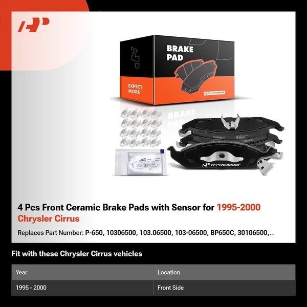 4 Pcs Front Ceramic Brake Pads with Sensor for 1995-2000 Chrysler Cirrus