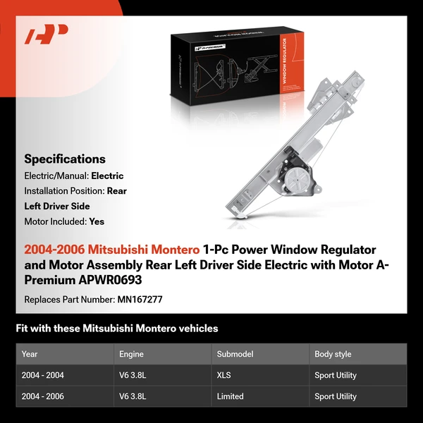 2004-2006 Mitsubishi Montero 1-Pc Power Window Regulator and Motor Assembly Rear Left Driver Side Electric with Motor A-Premium APWR0693