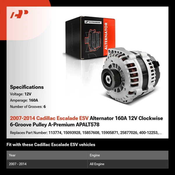 2007-2014 Cadillac Escalade ESV Alternator 160A 12V Clockwise 6-Groove Pulley A-Premium APALT578