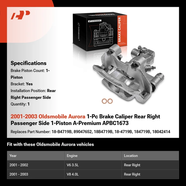 2001-2003 Oldsmobile Aurora 1-Pc Brake Caliper Rear Right Passenger Side 1-Piston A-Premium APBC1673