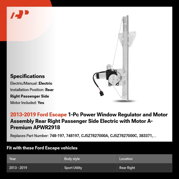 2013-2019 Ford Escape 1-Pc Power Window Regulator and Motor Assembly Rear Right Passenger Side Electric with Motor A-Premium APWR2918