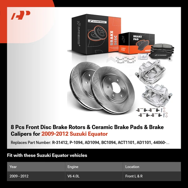 8 Pcs Front Disc Brake Rotors & Ceramic Brake Pads & Brake Calipers for 2009-2012 Suzuki Equator