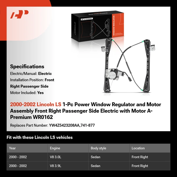 2000-2002 Lincoln LS 1-Pc Power Window Regulator and Motor Assembly Front Right Passenger Side Electric with Motor A-Premium WR0162