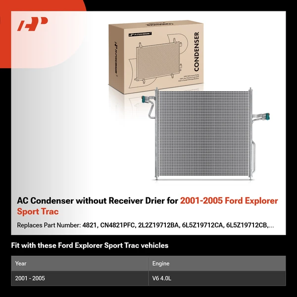 AC Condenser without Receiver Drier for 2001-2005 Ford Explorer Sport Trac