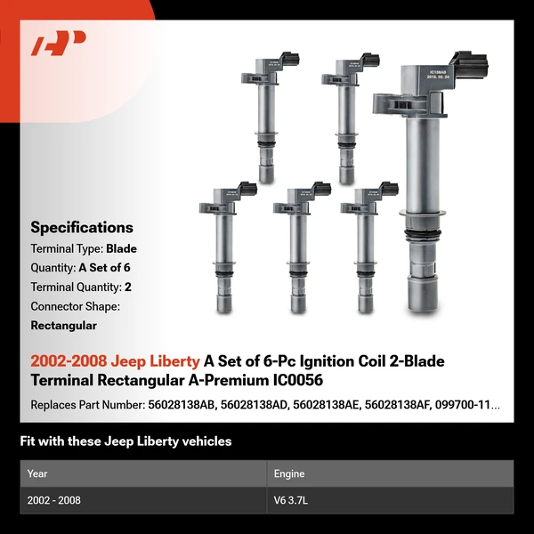 2002-2008 Jeep Liberty A Set of 6-Pc Ignition Coil 2-Blade Terminal Rectangular A-Premium IC0056