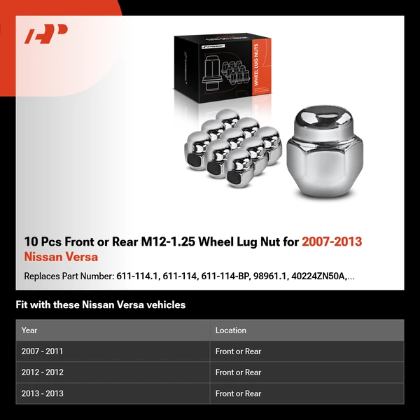 10 Pcs Front or Rear M12-1.25 Wheel Lug Nut for 2007-2013 Nissan Versa