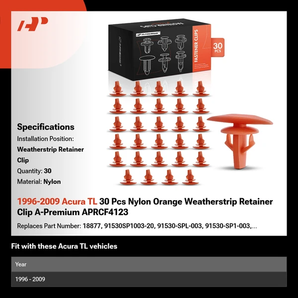 1996-2009 Acura TL 30 Pcs Nylon Orange Weatherstrip Retainer Clip A-Premium APRCF4123