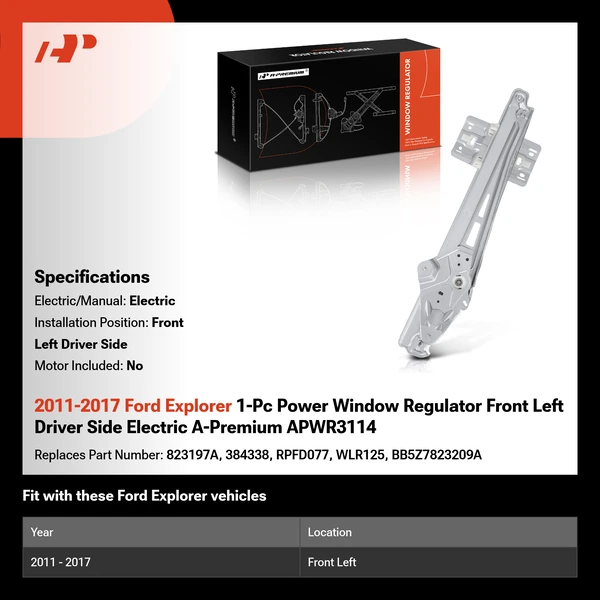 2011-2017 Ford Explorer 1-Pc Power Window Regulator Front Left Driver Side Electric A-Premium APWR3114