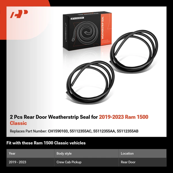 2 Pcs Rear Door Weatherstrip Seal for 2019-2023 Ram 1500 Classic